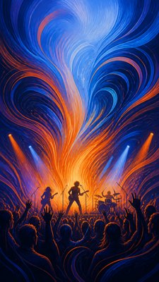 a live music scene with a glowing stage and silhouetted crowd, energetic vertical composition with open space at the top, no text