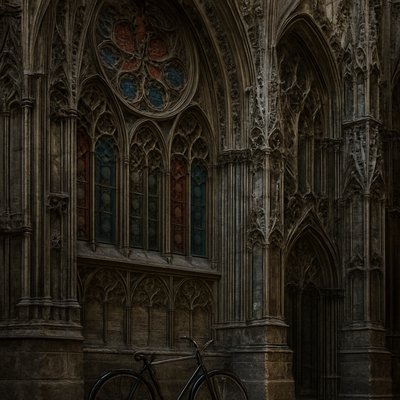 bicyle resting against a wall