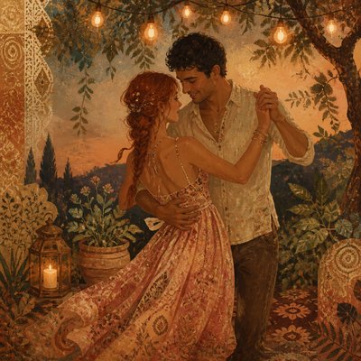 an original couple dancing under string lights in a garden at dusk: a man with short black hair in a linen shirt and a woman with braided red hair in a summer dress