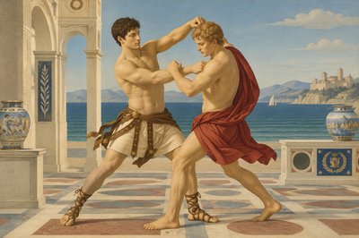 a painting of two men fighting each other