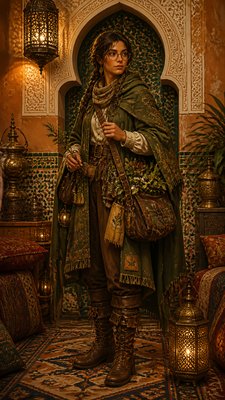 full-body original character: a wandering botanist with a satchel of plants, a patched green cloak, tall boots and round glasses, neutral background