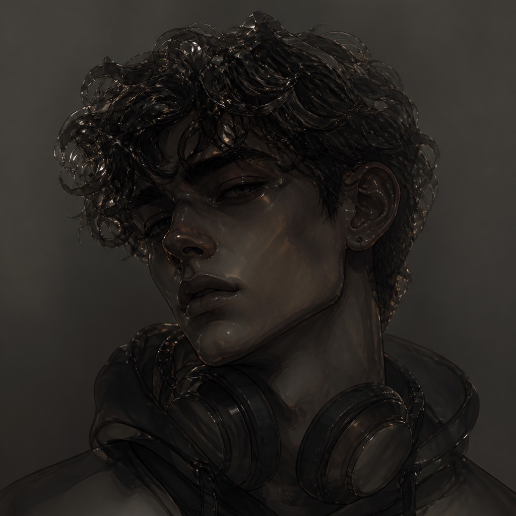 head-and-shoulders portrait of an original character: a young man with curly dark hair and headphones around his neck, plain backdrop, no text