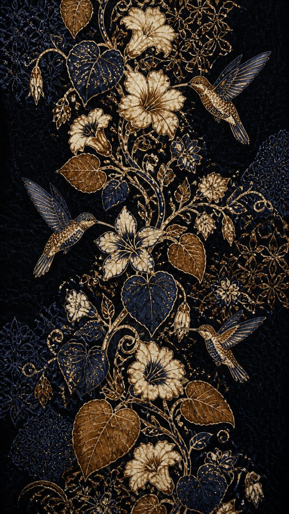 a climbing vine of flowers and hummingbirds on a dark background, tall wrapping composition, no text