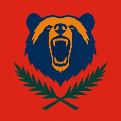 a roaring bear head above crossed pine branches, bold graphic composition on a plain background, no text