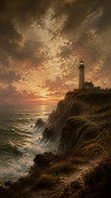 a lone lighthouse on a cliff at dusk under a dramatic sky, no text or lettering