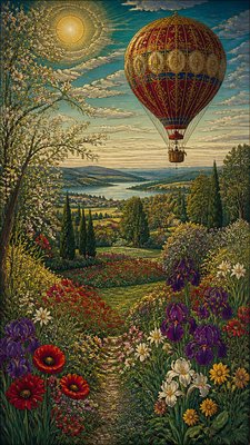 a hot air balloon drifting over rolling flower fields on a sunny day, cheerful, no text