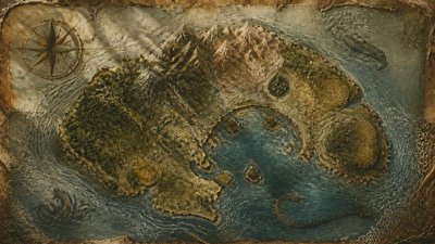 a map of an island realm with mountains, forests, a sheltered bay, sea monsters in the water and a compass rose, no text labels