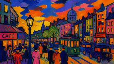 bustling city street panorama at dusk
