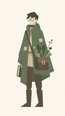 full-body original character: a wandering botanist with a satchel of plants, a patched green cloak, tall boots and round glasses, neutral background