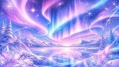 a sweeping aurora over a frozen lake, no people