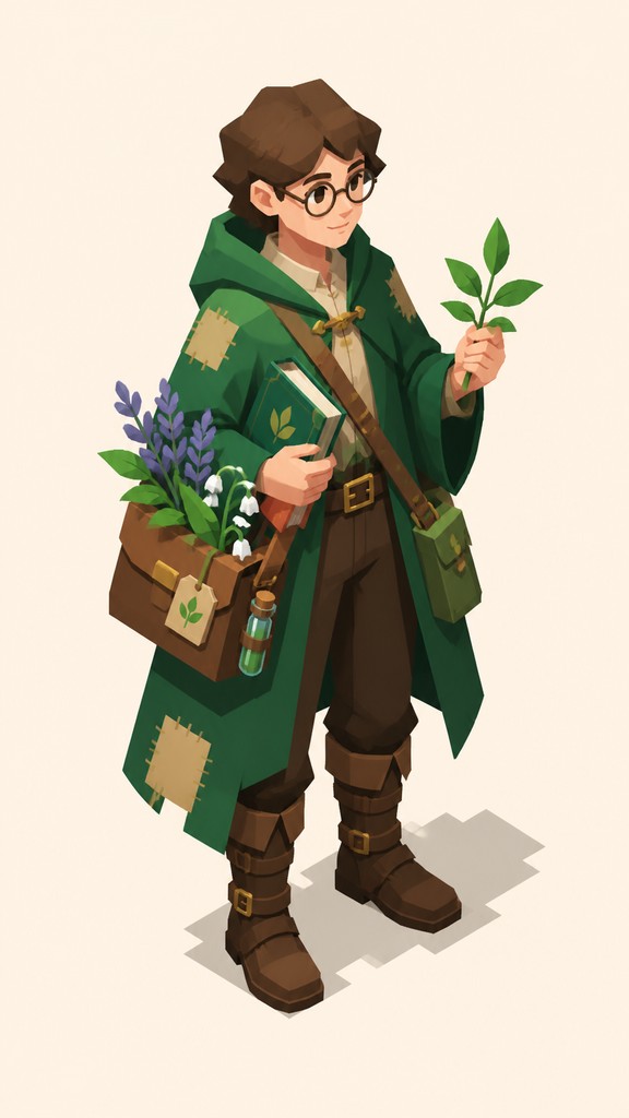 full-body original character: a wandering botanist with a satchel of plants, a patched green cloak, tall boots and round glasses, neutral background