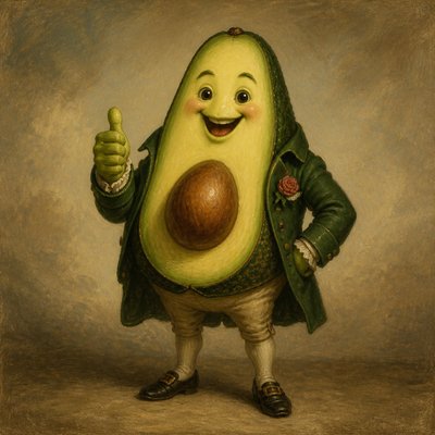 a happy avocado character giving a thumbs up, bold readable design on a plain background, no text