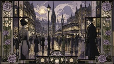 bustling city street panorama at dusk