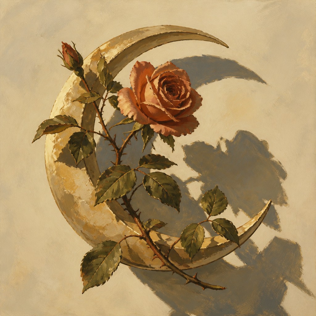 a rose entwined with a crescent moon, clean balanced composition on a plain background, no text