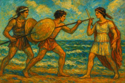a painting of two men and a woman fighting on the beach