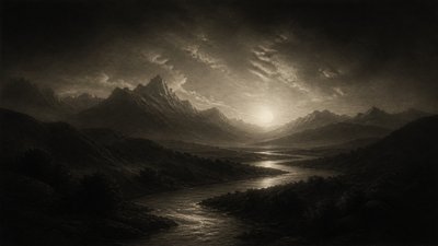 a vast valley with a river winding toward distant mountains at sunrise, no people, no text