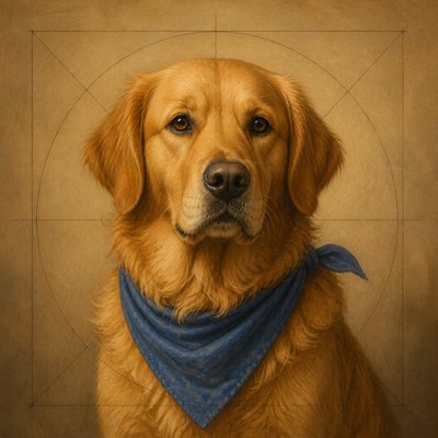 portrait of a golden retriever wearing a blue bandana, warm plain backdrop, no text