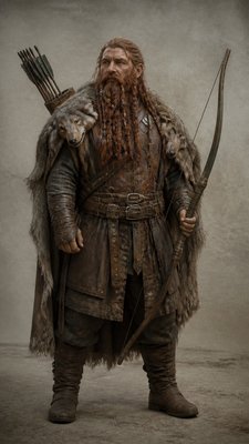 full-body original character: a dwarven ranger with a braided auburn beard, worn leather armor, a longbow and a wolf-pelt cloak, neutral background, no text