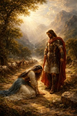 “And when Abigail saw David, she hasted, and lighted off the ass, and fell before David on her face, and bowed herself to the ground, And fell at his feet, and said, Upon me, my lord, upon me let this iniquity be: and let thine handmaid, I pray thee, speak in thine audience, and hear the words of thine handmaid. Let not my lord, I pray thee, regard this man of Belial, even Nabal: for as his name is, so is he; Nabal is his name, and folly is with him: but I thine handmaid saw not the young men of my lord, whom thou didst send.” (1 Samuel 25:23-25, KJVA)
