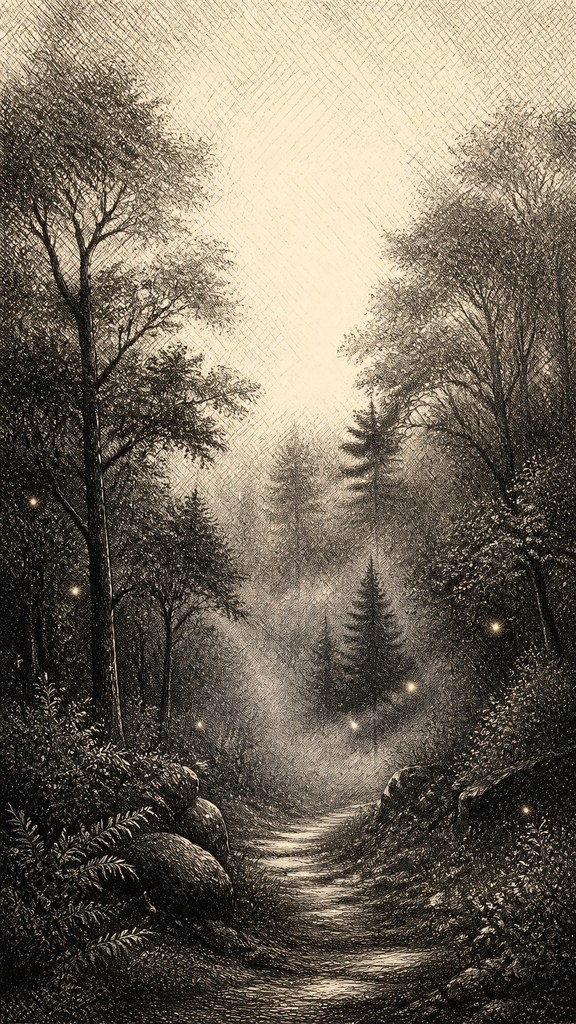 a mysterious forest path with fireflies and drifting mist, atmospheric vertical composition with open space at the top, no text