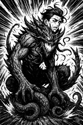 a drawing of a man with a giant green monster like head