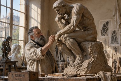 Rodin sculpting the Great Thinker in his sunlit studio
