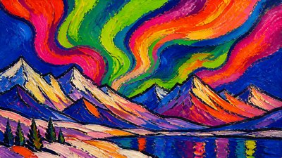 a flowing aurora over snowy peaks, wide sweeping composition, no people, no text