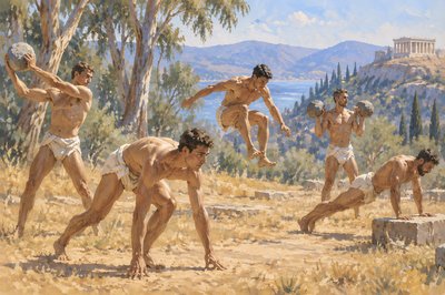 five ancient greek athletes in brief loin covering doing training exercises together