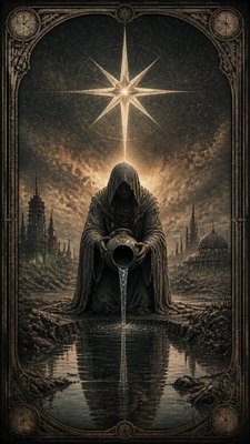 a robed figure pouring water beneath a large eight-pointed star in a night sky, symmetrical composition with an ornate decorative border, no text