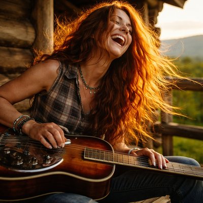 Cinematic Documentary Photography, Warm Analog Film Grain, Golden Hour Backlighting. A high-energy, joyful shot of a young Appalachian woman with a mane of long, fiery red hair playing a dobro resonator guitar on a weathered log cabin porch.

The Action & "Lively" Feel: She is seated with the guitar flat across her lap, caught in a moment of pure musical passion, her head tilted back in a laugh. Her long red hair is swirling around her face, catching the orange sunset light like glowing copper.

The Slide Detail: Her left hand is firmly gripping a heavy, polished chrome steel tone bar (slide), gliding it masterfully across the strings. The bar is a focal point, catching a brilliant glint of sunlight as it creates a soulful, sliding resonance. Her right hand is a blur of motion, using metal fingerpicks to pluck the strings near the bridge.

The Environment: The dobro's signature round metal resonator plate reflects the rustic porch and the sky. In the background, the hazy, rolling blue ridges of the Appalachian mountains stretch toward a soft, dusky horizon. The atmosphere is rustic, authentic, and vibrating with sound.