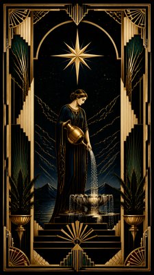 a robed figure pouring water beneath a large eight-pointed star in a night sky, symmetrical composition with an ornate decorative border, no text