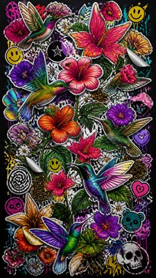 a climbing vine of flowers and hummingbirds on a dark background, tall wrapping composition, no text
