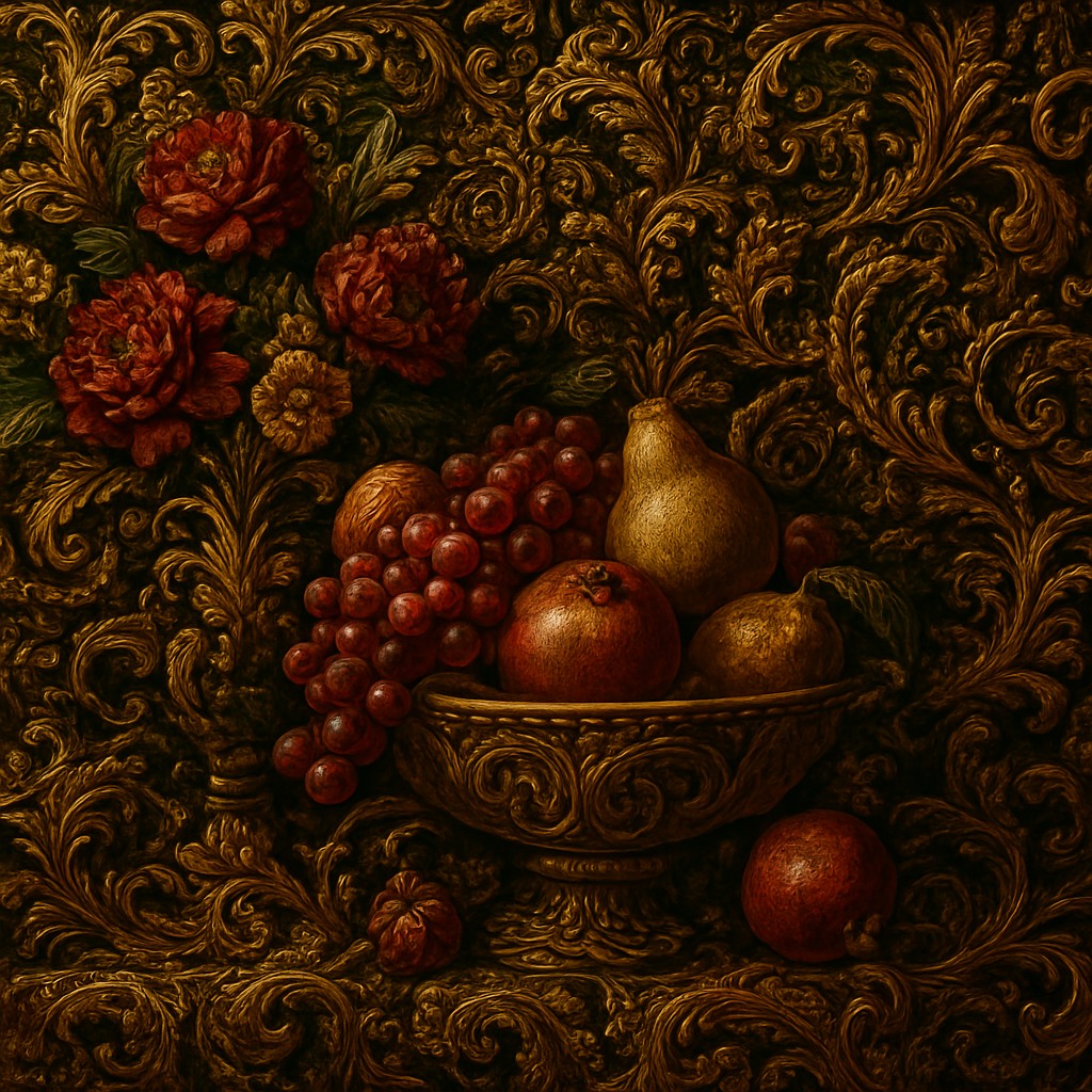 still life arrangement of fruits and flowers
