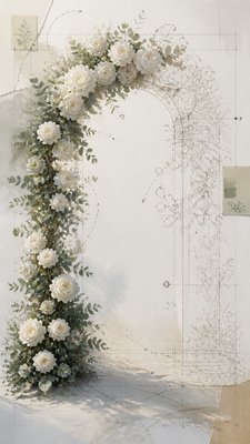 an arch of white roses and eucalyptus in soft morning light, elegant vertical composition with open space, no text