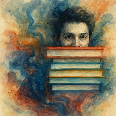 a painting of a man holding a stack of books