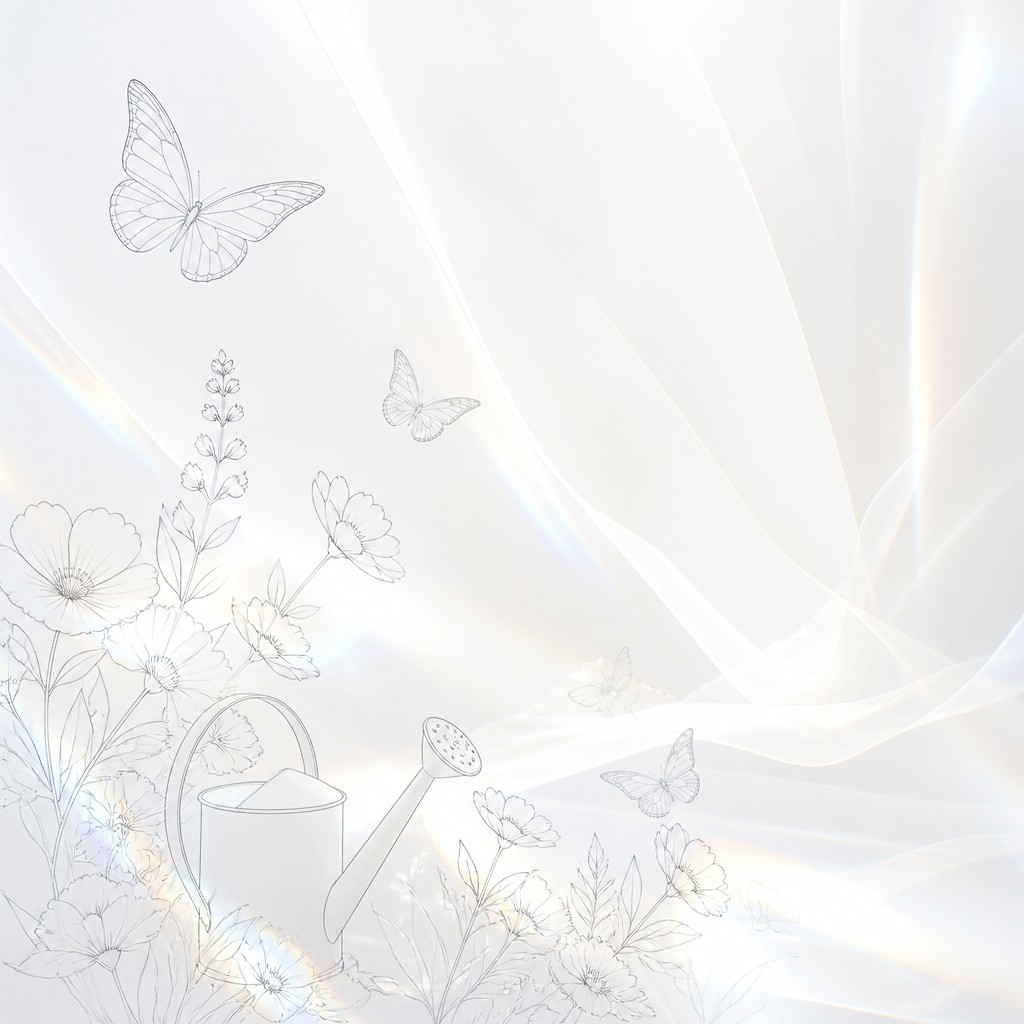 a garden scene with butterflies, flowers and a watering can, clean uncolored line art, no text