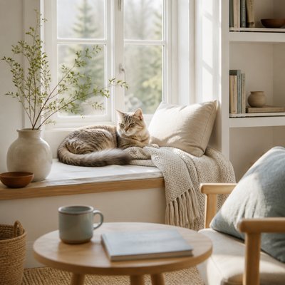 a cat lounging in a sunlit window