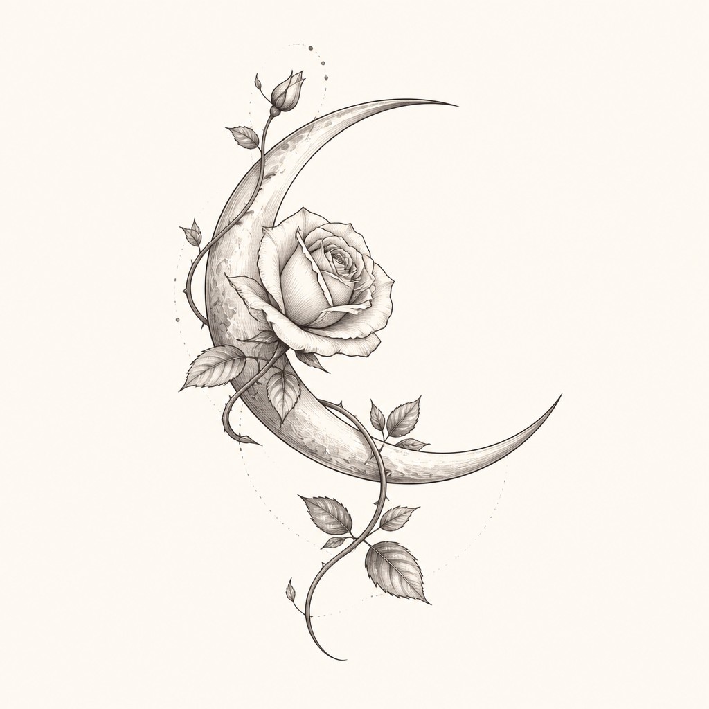 a rose entwined with a crescent moon, clean balanced composition on a plain background, no text