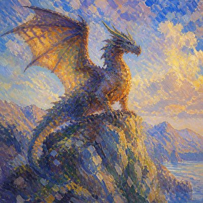 a majestic dragon perched on a rocky crag, wings half spread