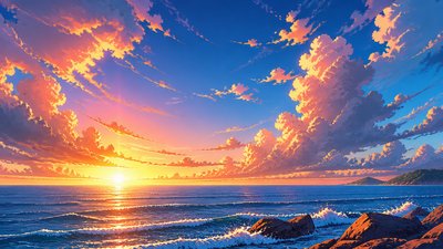 a panoramic ocean horizon with towering clouds at golden hour, no people