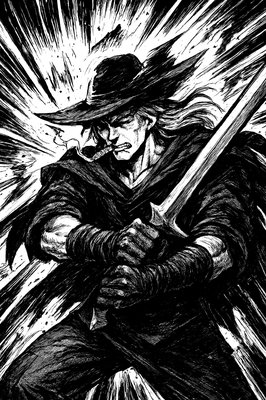 a black and white drawing of a man holding a sword