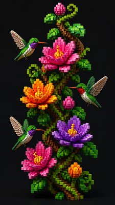 a climbing vine of flowers and hummingbirds on a dark background, tall wrapping composition, no text