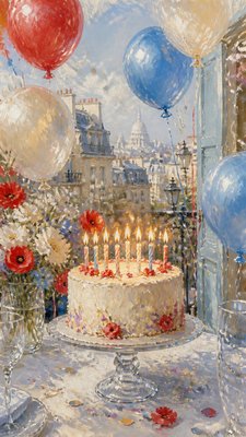 a birthday cake with lit candles surrounded by balloons and confetti, festive vertical composition, no text
