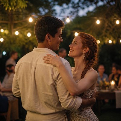 an original couple dancing under string lights in a garden at dusk: a man with short black hair in a linen shirt and a woman with braided red hair in a summer dress