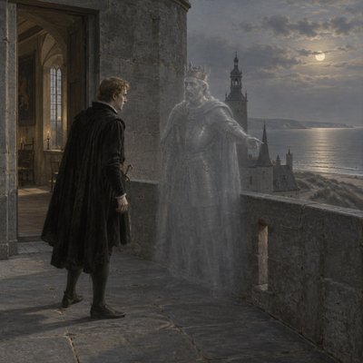 Hamlet Prince of Denmark meets his ghost father at the Castle tower in the night