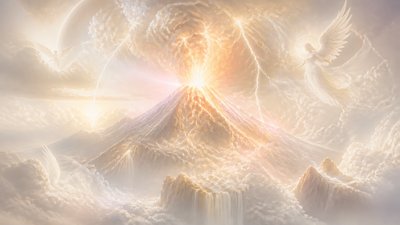 an erupting volcano with lightning strikes, dramatic wide composition, no text