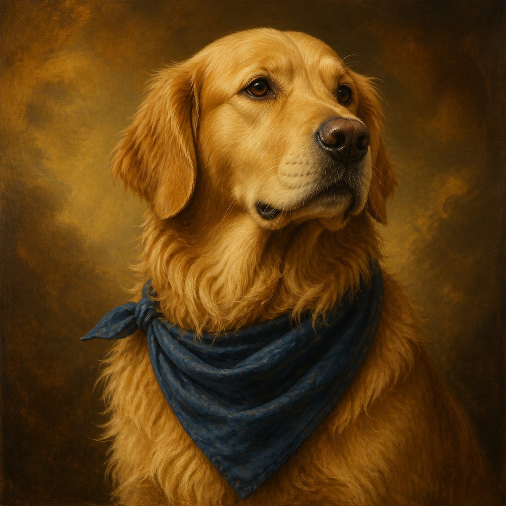 portrait of a golden retriever wearing a blue bandana, warm plain backdrop, no text
