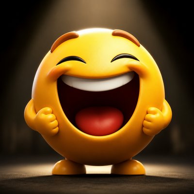 an exaggerated laughing face of an original round mascot character, bold and readable at small size, plain background, no text