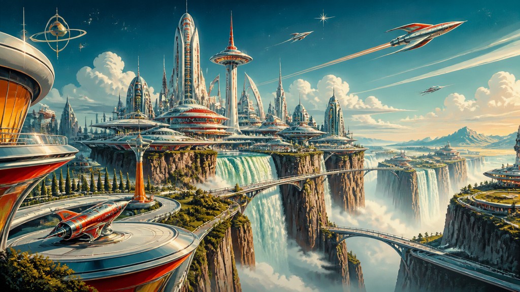 a cliffside city with waterfalls cascading into a misty canyon, wide establishing shot, no people, no text