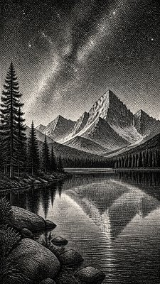 a tranquil mountain lake beneath a starry night sky, no people, no text